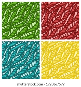 Set of seamless patterns with waves of leaves of red, yellow, blue and green. Bright multicolored textures with floral themes for wallpapers, web backgrounds, fabrics and textiles. Vector illustration