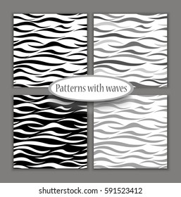 Set of seamless patterns of waves. Sea theme black and white. Vector illustration for nautical design.