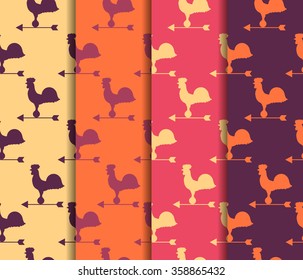 Set of seamless patterns. Weather vane rooster. Vector.