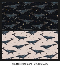 Set of seamless patterns with whales. Constellation mystic pattern design. Whale and constellation bohemian textile design