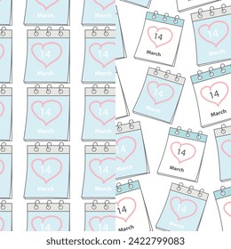 Set of seamless patterns with White Day date calendar pages March 14 and heart shaped stroke around