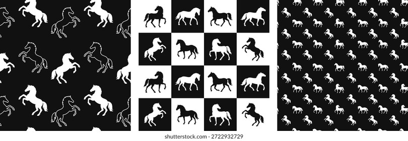 Conjunto de padrões sem costura com silhuetas de cavalos brancos no fundo preto. Papéis de parede com motivos equinos repetitivos imprimir em estilo vetorial simples para 2026 Projeto Ano do Cavalo, fundos têxteis