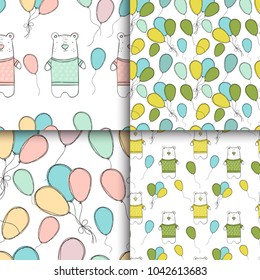 Set of seamless patterns with white polar bear and doodle party balloons. Cute bear in pullover with hearts. Ideal for textile, baby clothes