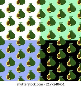 Set von nahtlosen Mustern mit ganzen Avocado-Früchten. Ornament für Dekoration und Stoffdruck. Design-Element. Vektorgrafik