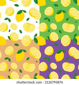 set of seamless patterns with whole lemon with piece of citrus. Lemon with chopped zest and leaves. Ornament for decoration and printing on fabric. Design element. Vector
