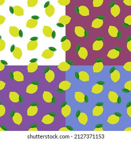 set of seamless patterns with whole lemon and leaves. Harvesting citrus fruits. Ornament for decoration and printing on fabric. Design element. Vector