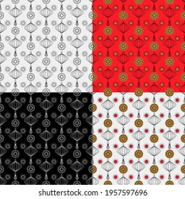 Set of seamless patterns wiht chinese paper lantern. Chinese, Japanese and Asian decoration for new year greeting card wedding, interior and furniture. Oriental holidays, culture and art.