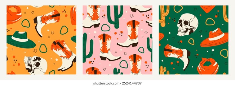 Set of seamless patterns with Wild West elements and squiggles on various backgrounds. Cowboy boots, cactus, human skull, cowboy hat, cowboy bandana. A pattern for design, wallpapers, banners, posters