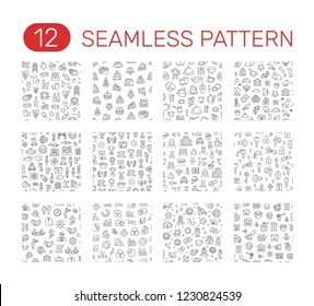 Set of seamless patterns. Wine, cake, plate, pets, 
car service, award, Key, lock, head hunting, graph, space, honey theme. Vector illustration design