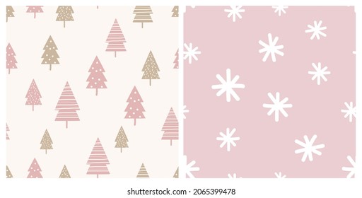 Set of seamless patterns with winter woodland and hand drawn snowflakes on pastel pink backgrounds vector illustration. New year and Christmas wallpaper.