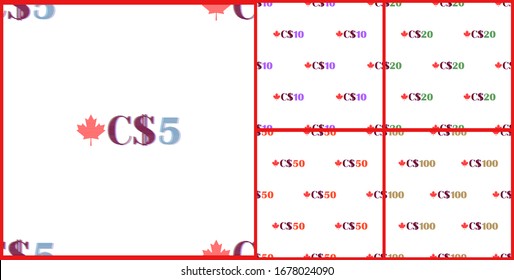 Set of seamless patterns without a mask. Fuzzy numbers staggered from 5 to 100 and the symbol Canadian dollar and maple leaf