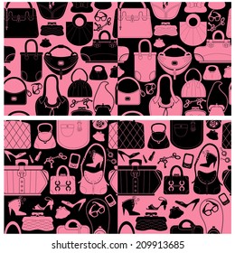 Set of seamless patterns with woman bags and handbags. Ready to use as swatch