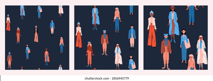 Set of seamless patterns of woman in bright casual clothes. A group of diverse girls in blue, orange trendy robes against a dark background. Vector stock colorful illustration in cartoon style.
