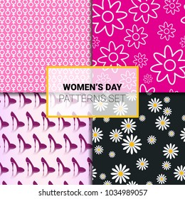 Set nahtlose Muster für Frauentag Feiertagsrosa Schöne Ornamente, Vektorgrafik