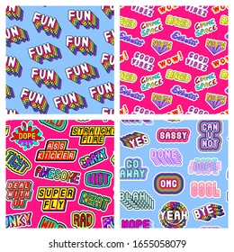 Set of seamless patterns with word patches. Quirky cartoon comic style of 80-90s. Colorful backgrounds. Vector wallpapers.