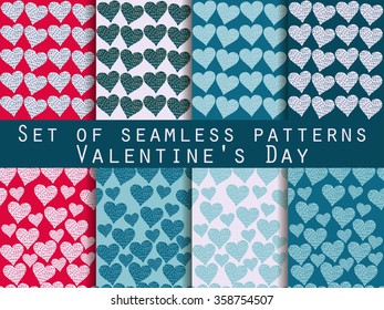 Set of seamless patterns. Words related to Valentine's Day. Vector.