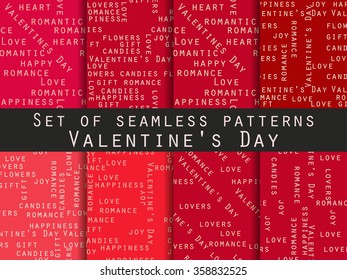 Set of seamless patterns. Words related to Valentine's Day. Vector.