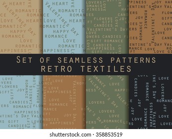 Set of seamless patterns. Words related to Valentine's Day. Vector.