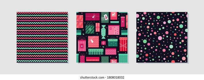 Set of seamless patterns for wrapping paper, tablecloths, napkins, textiles. Illustration for New Year, Christmas and holidays on a dark background. Gift boxes, confetti and zigzags. Vector, eps 10