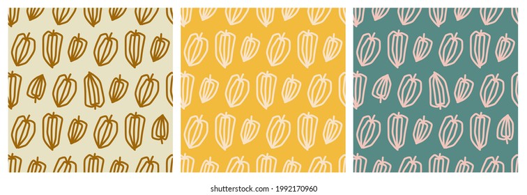 set of seamless patterns for wrapping and textile. physalis ornament.