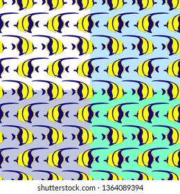 Set of seamless patterns with yellow and blue tropical sea fish on blue backgrounds. Vector illustration.