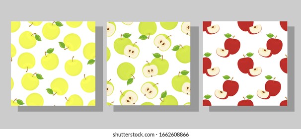 Set of seamless patterns with yellow, red, green apples, and leaves on a white background. Fruit of an Apple, a slice of halves with seeds and green foliage. All elements are editable. Vector