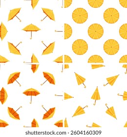 Set of seamless patterns with yellow umbrellas rotating and opening on white background