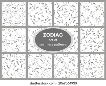 A set of seamless patterns with zodiac signs, constellations and constellation names. Twelve patterns for decoration, wallpaper, posters, packaging, advertising.