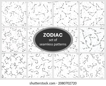 A set of seamless patterns with zodiac signs, constellations. Twelve patterns for decoration, wallpaper, posters, packaging, advertising.