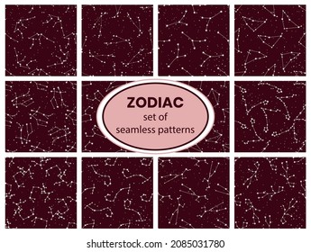 A set of seamless patterns with zodiac signs, constellations. Twelve patterns for decoration, wallpaper, posters, packaging, advertising.