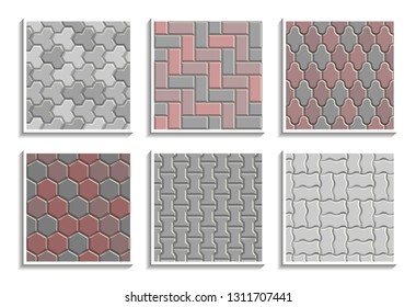 Set of seamless pavement textures. Vector repeating patterns of street tiles