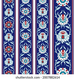 Set of seamless Persian floral borders, same color set. Vertical orientation.