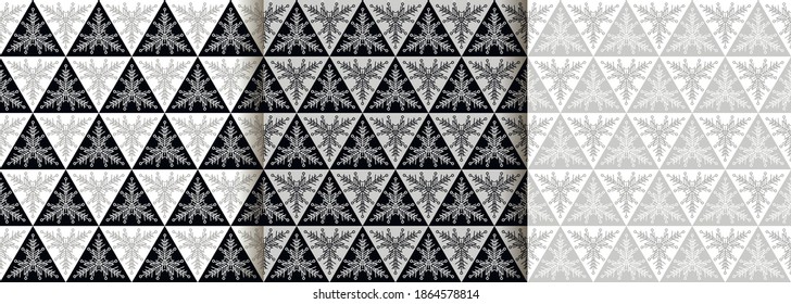 Un conjunto de farolillos sin costura hechos de copos de nieve y segmentos triangulares. El patrón regular de contorno de copos de nieve. Patrón vectorial de mosaico. Patrón invernal.