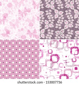 Set seamless pink grunge patterns with polka dots, spots and butterflies (vector EPS 10)