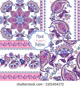 Set of seamless  pink  oriental paisley patterns. Floral wallpaper. Decorative ornament for fabric, textile, wrapping paper.