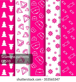 Set of seamless pink patterns and backgrounds for girls . Ideal for printing onto fabric and paper or scrap booking.