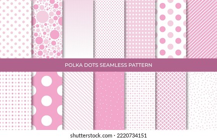 Set of seamless pink polka dot backgrounds. Seamless background in circle. Soft pink polka dot seamless pattern set. Baby background. Vector illustration