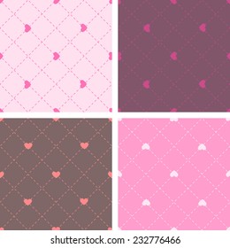 A set of seamless pink  stitched backgrounds with diamonds and hearts for Valentine's day