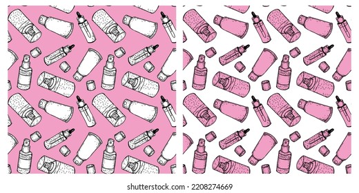 A set of seamless pink and white patterns. Beauty cosmetics, bottles, cream, makeup. Women's stuff