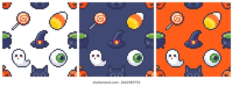 Set of seamless pixel art patterns on the theme of Halloween