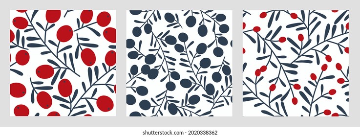A set of seamless plant patterns. Red berries, branches and blue leaves. Botanical set for decoration, postcards, posters, tablecloths, application to fabric, paper, clothing modeling.
