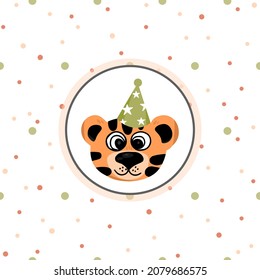Set of seamless polka dot pattern and the face of a cute tiger in a festive hat. Vector illustration isolated on white background. for design of greeting card and invitation, holiday poster, brochure.