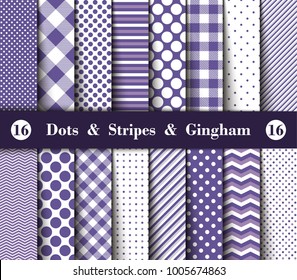 Set of Seamless Polka Dots, Gingham, With Large and Small Lines and Diagonal Stripes in Ultra Violet and White Color. Color of the Year 2018. Vector Illustration