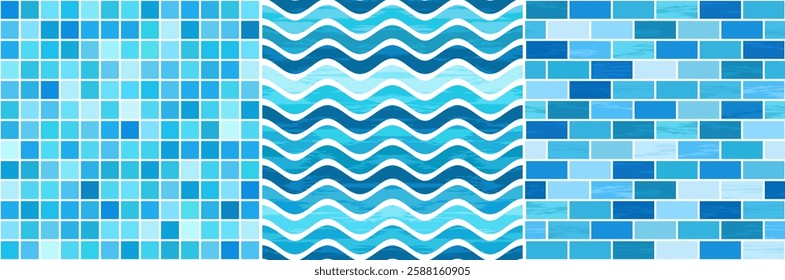 A set of seamless pool tile patterns. Tile pool is a pattern of tiles in the form of a square, brick and waves. Endless texture of azure tiles for pool or bathroom.  Illustrated vector clipart.