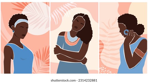 Set of seamless posters with beautiful African women. Abstract contemporary girls on a background of tropical leaves. Vector graphics.