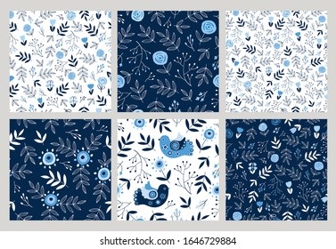 Set of seamless pretty patterns with decorative flowers, leaves and birds. Floral background for textile, fabric manufacturing, wallpaper, covers, surface, print, gift wrap, scrapbooking.
