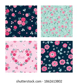 Set of seamless pretty patterns with decorative flowers and leaves. Floral background for textile, fabric manufacturing, wallpaper, covers, surface, print, gift wrap, scrapbooking.