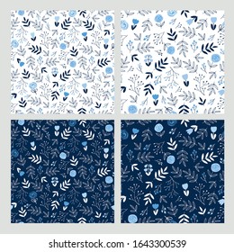 Set of seamless pretty patterns with small decorative flowers and leaves. Floral background for textile, fabric manufacturing, wallpaper, covers, surface, print, gift wrap, scrapbooking.