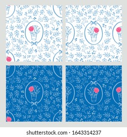 Set of seamless pretty patterns with vases of flowers, frames and leaves. Floral backgrounds for textile, fabric manufacturing, wallpaper, covers, surface, print, gift wrap, scrapbooking.