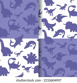 A set of seamless prints with a bright contrasting vector pattern,  dinosaur on a white and violet background with a grunge effect, a print for textiles